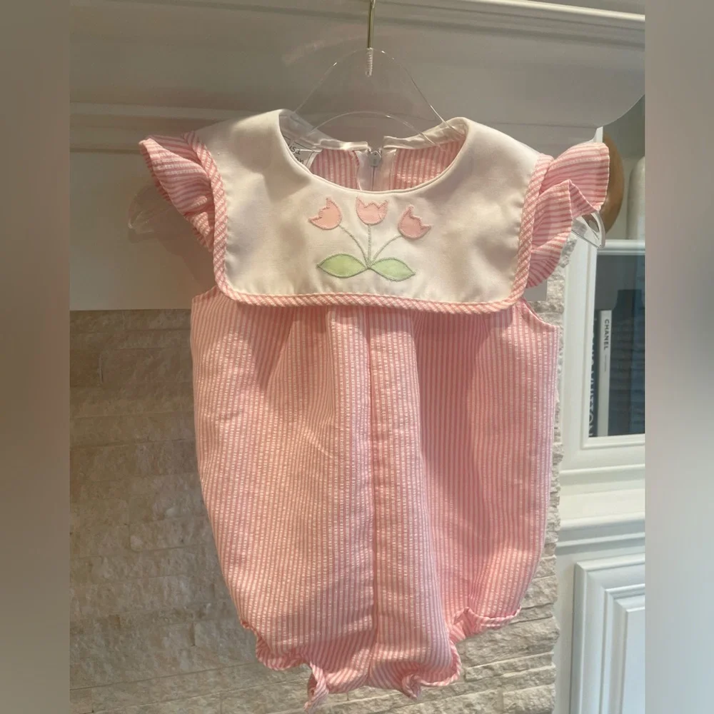 Pink Seersucker Baby Girl Bubble Romper with Tulip Embroidery